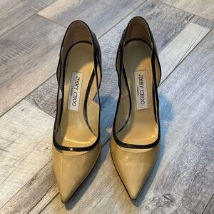 Jimmy Choo Beige Patent Pointed-Toe Pumps with Black Trim 3 1/2 inch heel